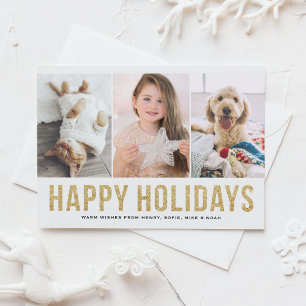 Faux Gold Glitter Three Photo Collage Modern Holiday Postcard