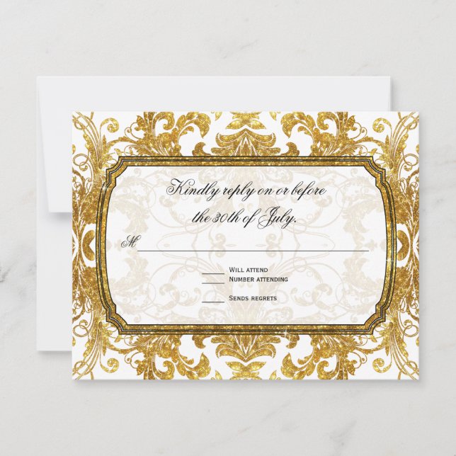 Faux Gold Glitter Ticket Vintage RSVP Response (Front)