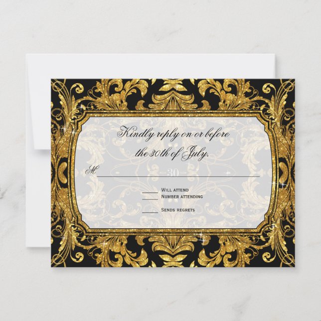 Faux Gold Glitter Ticket Vintage RSVP Response (Front)