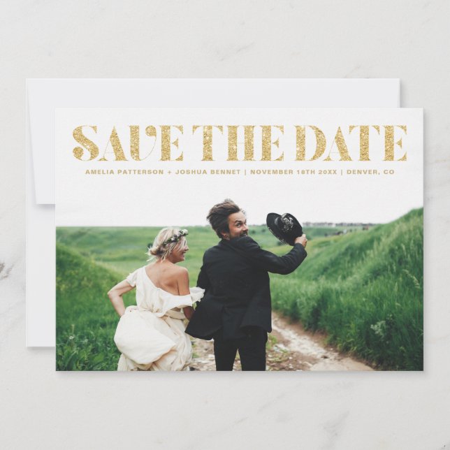 Faux Gold Glitter Typography Photo Save the Date (Front)