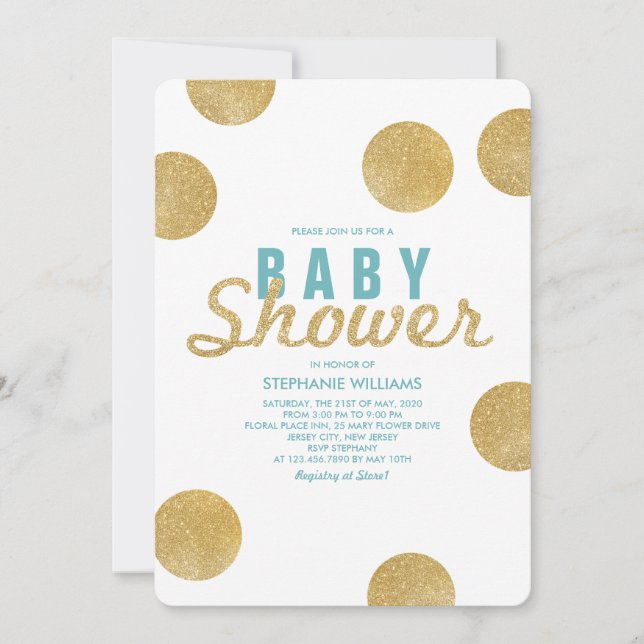 Faux Gold Glitter White Mint Baby Shower Invite (Front)