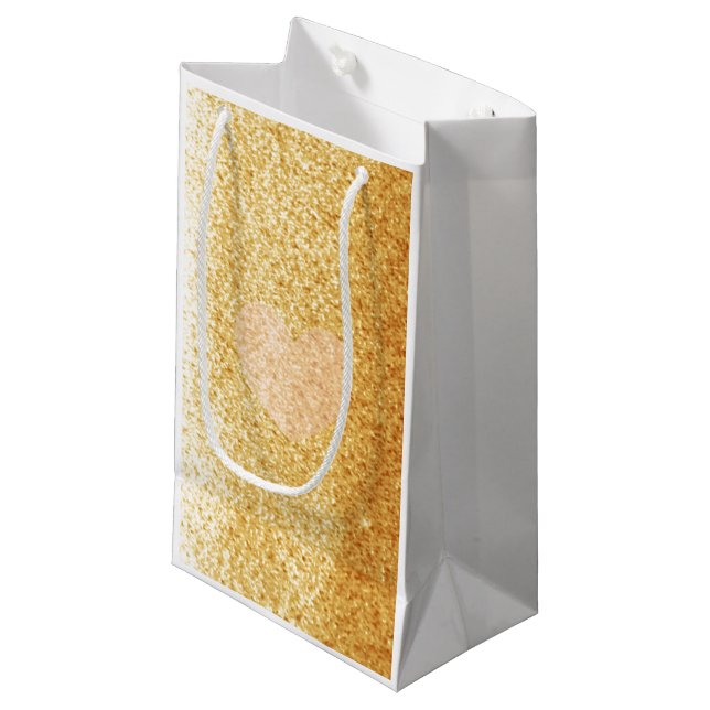 Faux Gold Glitter With Heart Small Gift Bag (Front Angled)