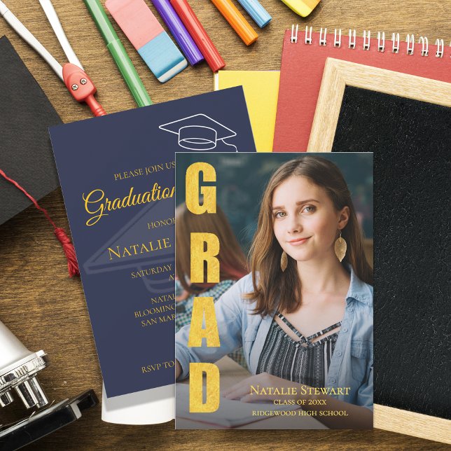 Faux Gold GRAD Photo Class 2026 Graduation Party Invitation (Modern Faux Gold Foil GRAD Photo Class of 2026 Graduation Party Invitation )