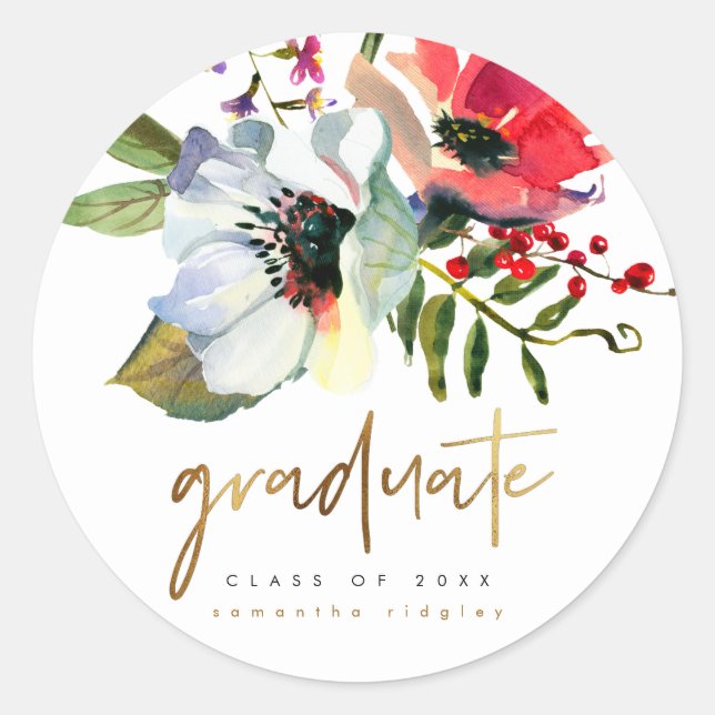 Faux Gold Graduate Typography and Name Floral Classic Round Sticker (Front)