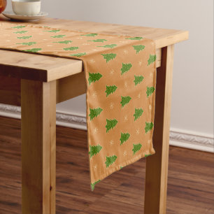 Faux Gold Green Beige Christmas Trees Pattern Short Table Runner