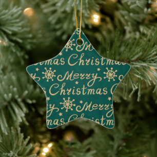 Faux Gold & Green Merry Christmas Lettering Ceramic Ornament