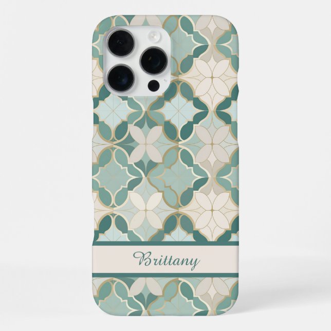 Faux Gold + Green Moroccan Tile Personalized iPhone Case (Back)