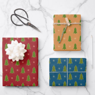 Faux Gold Green Red Blue Christmas Trees Pattern  Wrapping Paper Sheet