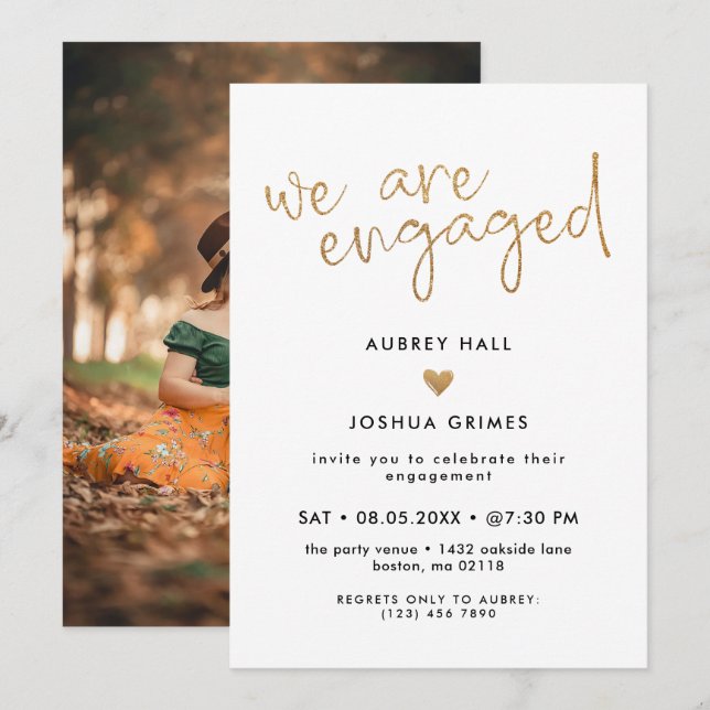 Faux Gold Handwriting We Are Engaged Photo Invitation (Front/Back)
