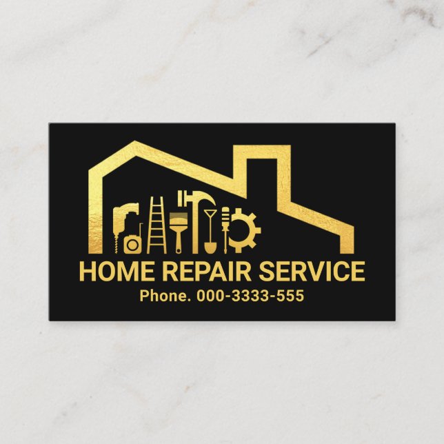 Faux Gold Handyman Tools Building Business Card (Front)