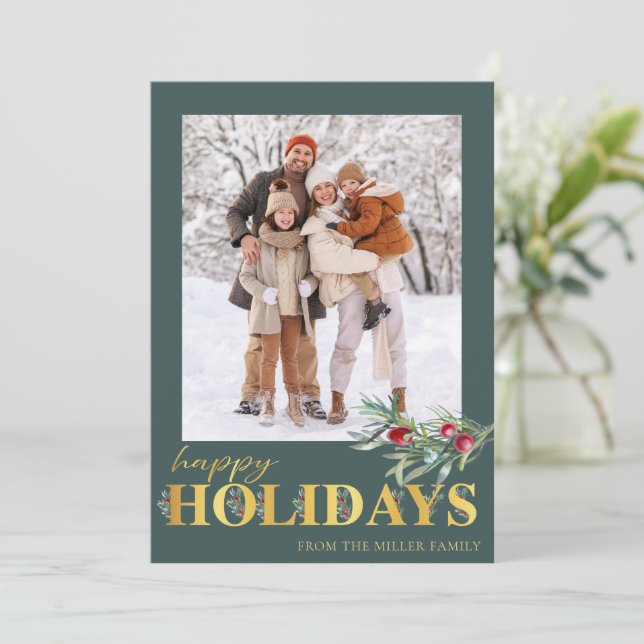 Faux Gold Happy Holidays Holiday Photo Card (Standing Front)