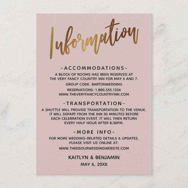 Faux Gold Header Dusty Rose Wedding Information Enclosure Card (Front)