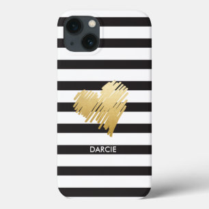 Faux Gold Heart Black White Striped Personalized iPhone 13 Case