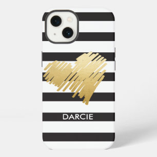 Faux Gold Heart Black White Striped Personalized iPhone 13 Case