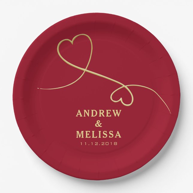 Faux Gold Heart Ornament  Personalized Red Wedding Paper Plate (Front)