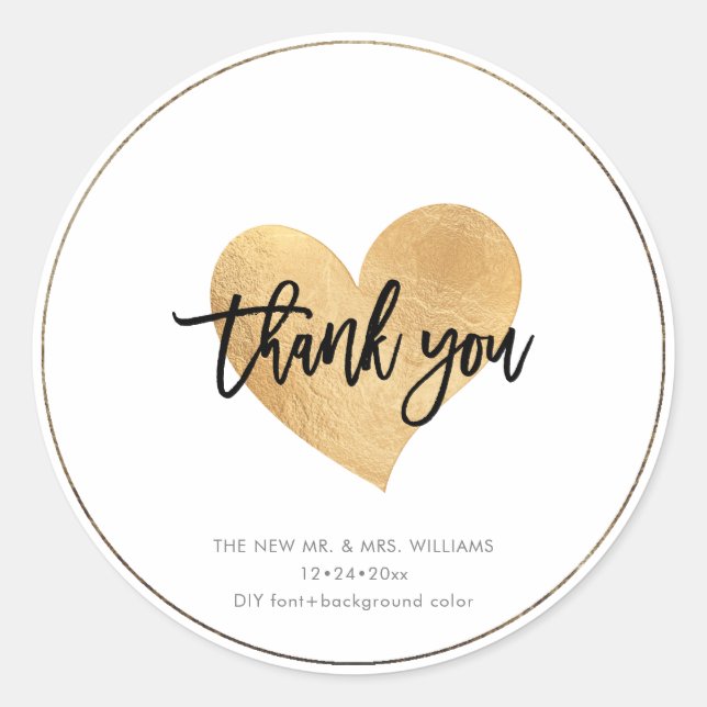 Faux Gold Heart Thank You Classic Round Sticker (Front)