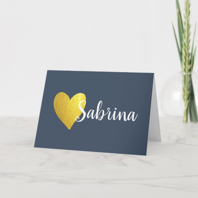 Faux Gold Heart with Cursive Name on Navy Note Card (Front)