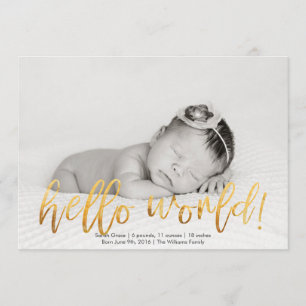 Faux Gold Hello World Photo Birth Announcement