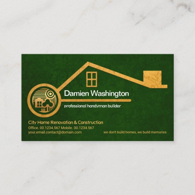 Faux Gold Home Green Forest Grunge Contractor Business Card (Front)