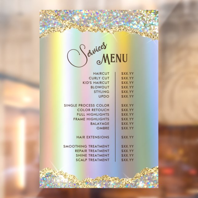 Faux Gold Iridescent Glitter Foil Services Menu Window Cling (Sheet 2)