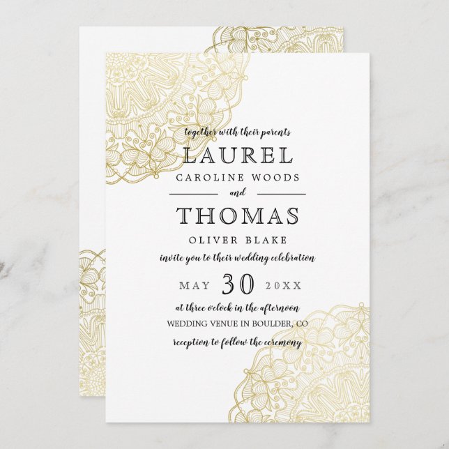 Faux Gold Lace Elegant Wedding Invitation (Front/Back)