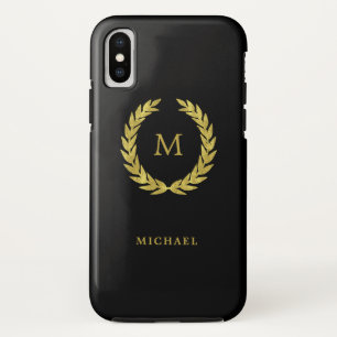 Faux Gold Laurel Wreath with Monogram on Black iPhone X Case