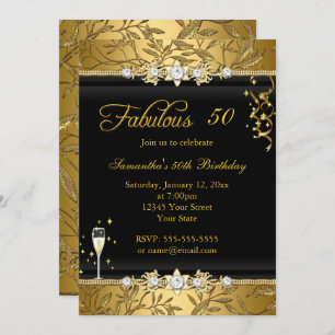 Faux Gold Leaf 50 Fabulous Birthday party Black Invitation