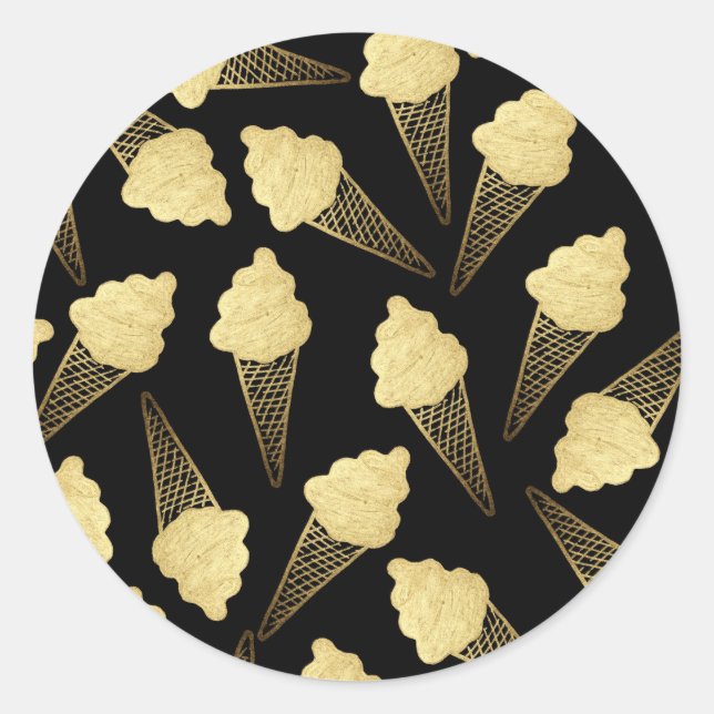 Faux Gold Leaf  Ice Cream Cones on Black Classic Round Sticker (Front)