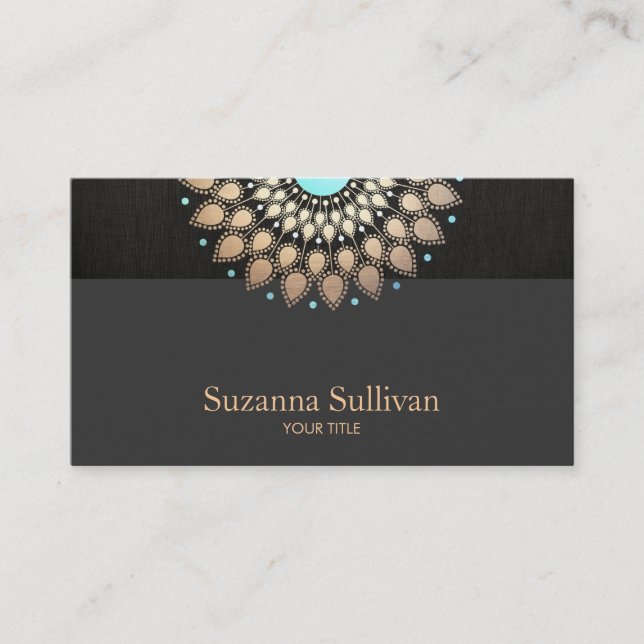 Faux Gold Leaf Motif Black Linen Professional Business Card (Front)
