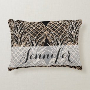 Faux Gold Leaf Pineapple Collage Monogram Accent Pillow