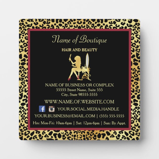FAUX Gold Leopard Hair Boutique Information Sign Plaque (Front)