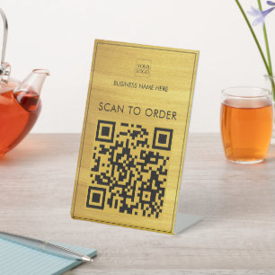 Faux Gold Logo Business Scan To Order Pay QR Code Pedestal Sign