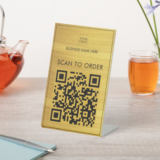 Faux Gold Logo Business Scan To Order Pay QR Code Pedestal Sign (In SItu)