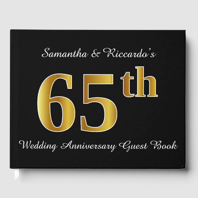 Faux Gold Look 65th Wedding Anniversary + Names Guest Book (Front)