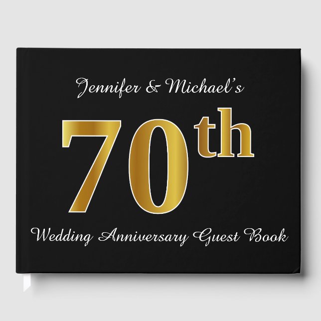Faux Gold Look 70th Wedding Anniversary + Names Guest Book (Front)