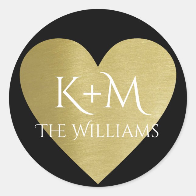 faux gold love heart with couple initials & name classic round sticker (Front)