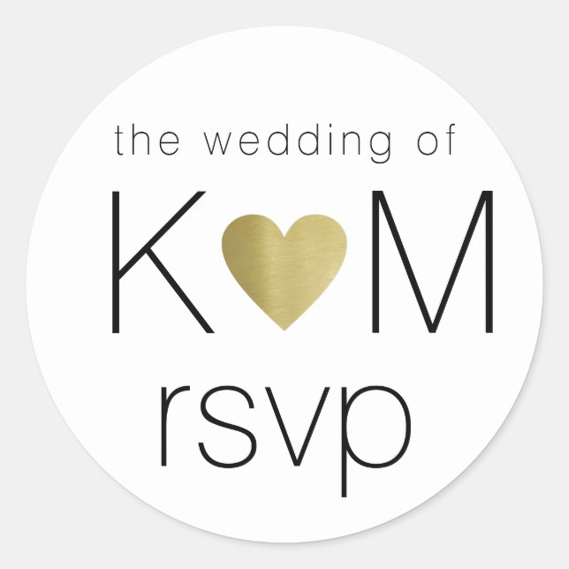 faux gold love heart with couple initials rsvp classic round sticker (Front)