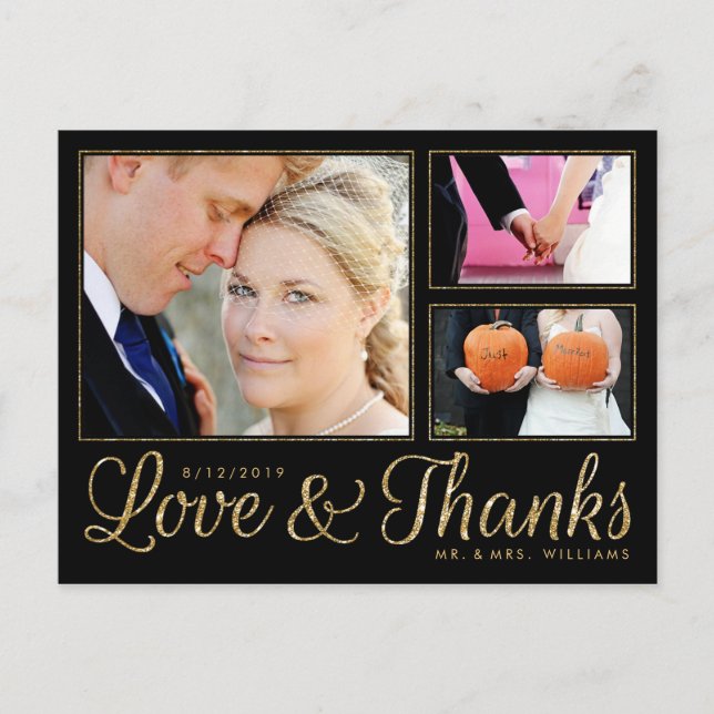 Faux Gold Love Thanks Wedding 3 Photo Postcard (Front)