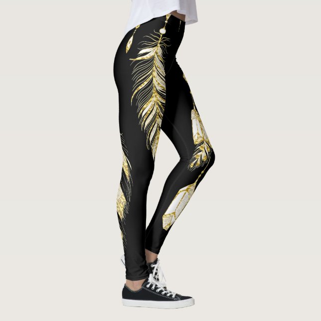 *~* Faux Gold Luxe Feathers & Crystals Chic Trendy Leggings (Right)