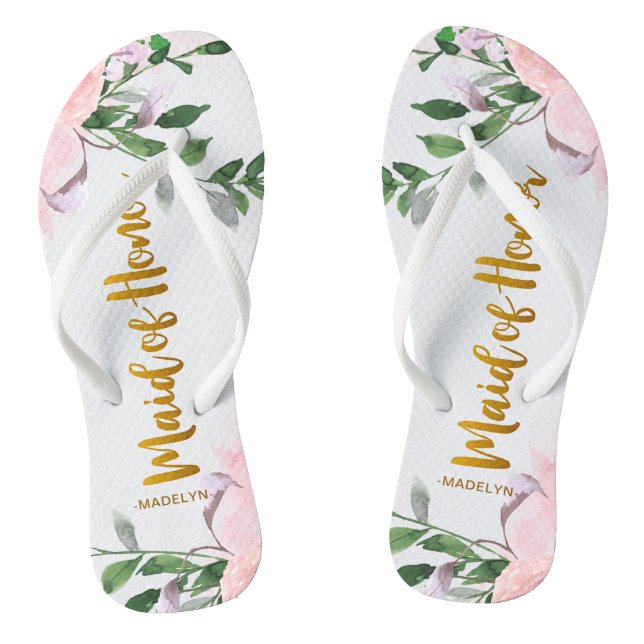 Faux Gold Maid of Honour with Floral and Name Flip Flops (Footbed)