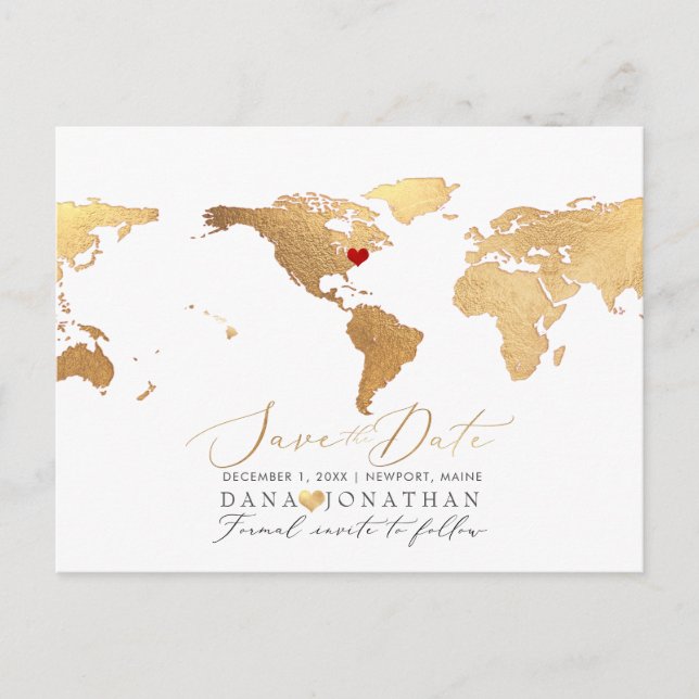 Faux Gold Map, Any Destination Save the Date Postcard (Front)