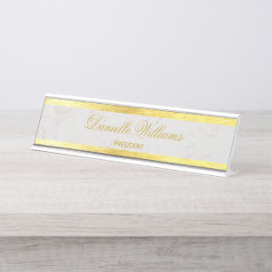 Faux Gold Marble Elegant Calligraphy Golden White Desk Name Plate