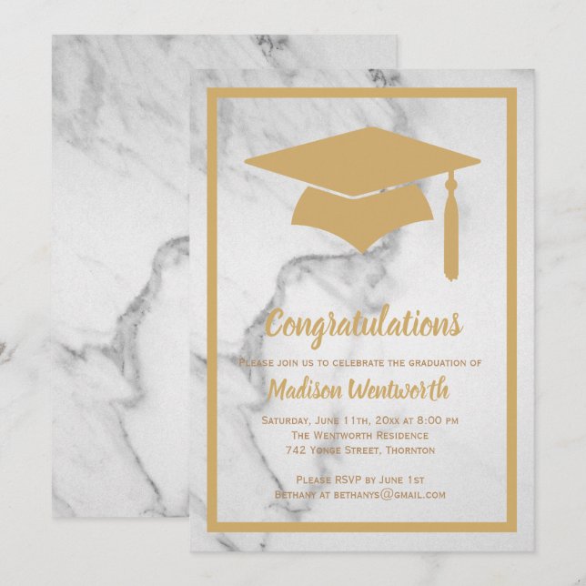Faux Gold & Marble Graduation Invitation (Front/Back)