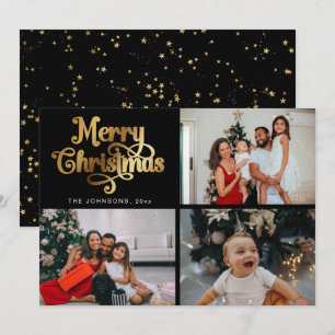 Faux Gold Merry Christmas Family Photo Collage Holiday Card