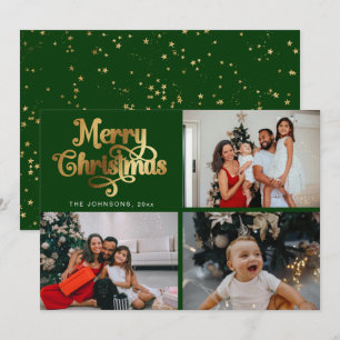 Faux Gold Merry Christmas Family Photo Collage Holiday Card