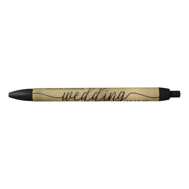 Faux Gold Metal Texture Effect Wedding Favor Black Ink Pen (Front)