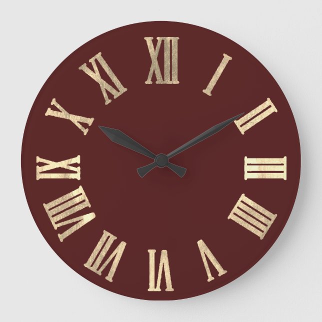 Faux Gold Metallic Minimal Roman Numbers Burgundy Large Clock (Front)