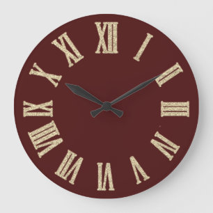 Faux Gold Metallic Minimal Roman Numbers Burgundy Large Clock