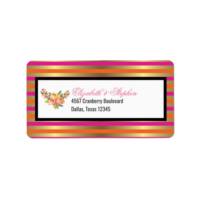 Faux Gold Metallic Stripes with Floral Wedding Label (Front)