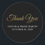Faux Gold Metallic Wedding Thank You Black Classic Round Sticker<br><div class="desc">Create your own wedding thank you stickers by changing the black background color. The artistic text art features a faux gold and golden yellow metal look style foil that is digital artwork that prints flat like a photo. Customize the font style to create your own envelope seals design for your...</div>